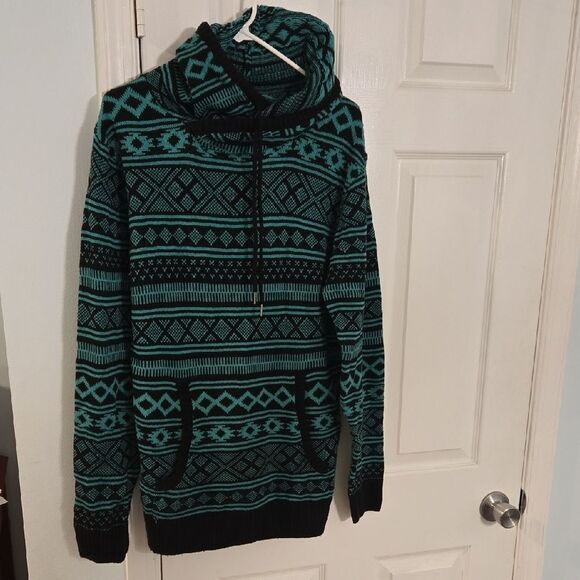 Black Teal Patterned Women's Cowl Sweater - Picture 1 of 7